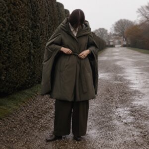 Fernhollow hooded wool cape — Down & Cape Outerwear by MASO. worn by a model.