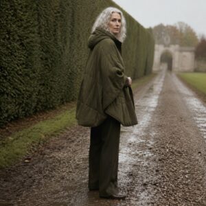 Fernhollow hooded wool cape — Down & Cape Outerwear by MASO. worn by a model.