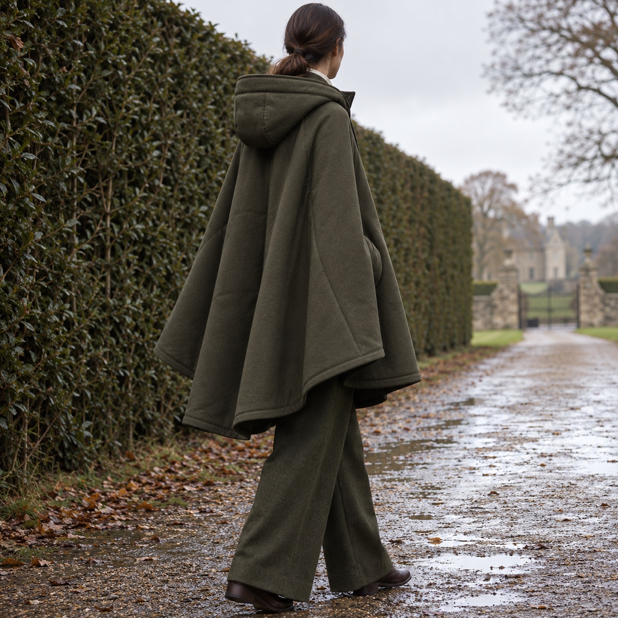 Fernhollow hooded wool cape — Down & Cape Outerwear by MASO. worn by a model, side view.