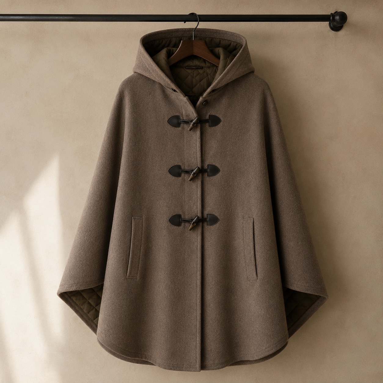 Larkspur hooded wool cape — Down & Cape Outerwear by MASO. product photograph on a white background.
