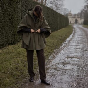 Larkspur hooded wool cape — Down & Cape Outerwear by MASO. worn by a model.