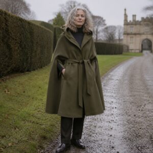 MASO Hollowfield hooded wool cape (Down & Cape Outerwear) — worn, front.