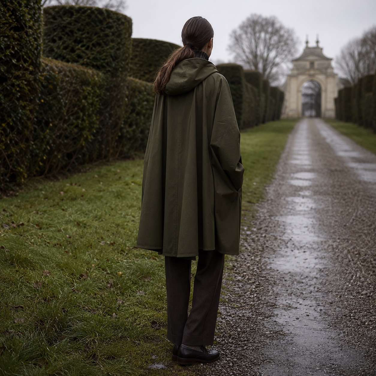 Larkspur hooded wool cape — Down & Cape Outerwear by MASO. worn by a model, side view.