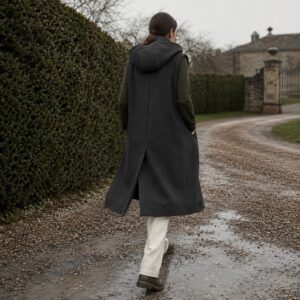 Kestrel hooded down gilet coat — Down & Cape Outerwear by MASO. worn by a model.