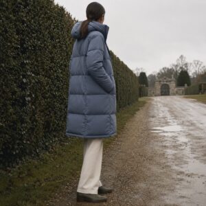 Ashcombe quilted down puffer coat — Down & Cape Outerwear by MASO. worn by a model.