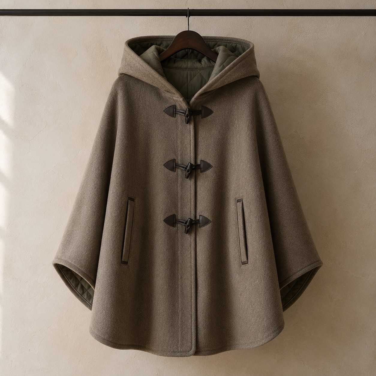 Greyfell hooded wool cape — Down & Cape Outerwear by MASO. product photograph on a white background.