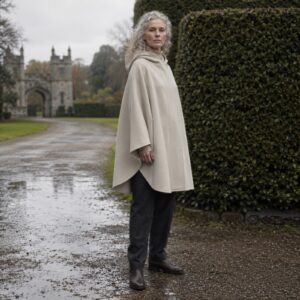 Greyfell hooded wool cape — Down & Cape Outerwear by MASO. worn by a model.