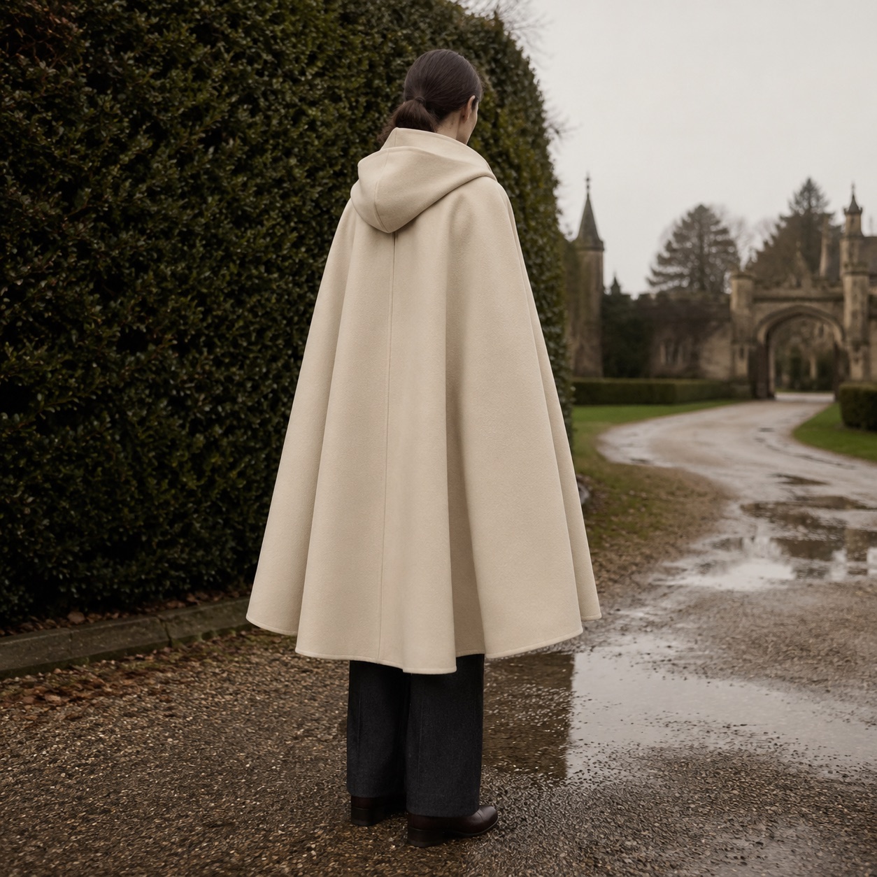 Greyfell hooded wool cape — Down & Cape Outerwear by MASO. worn by a model, side view.