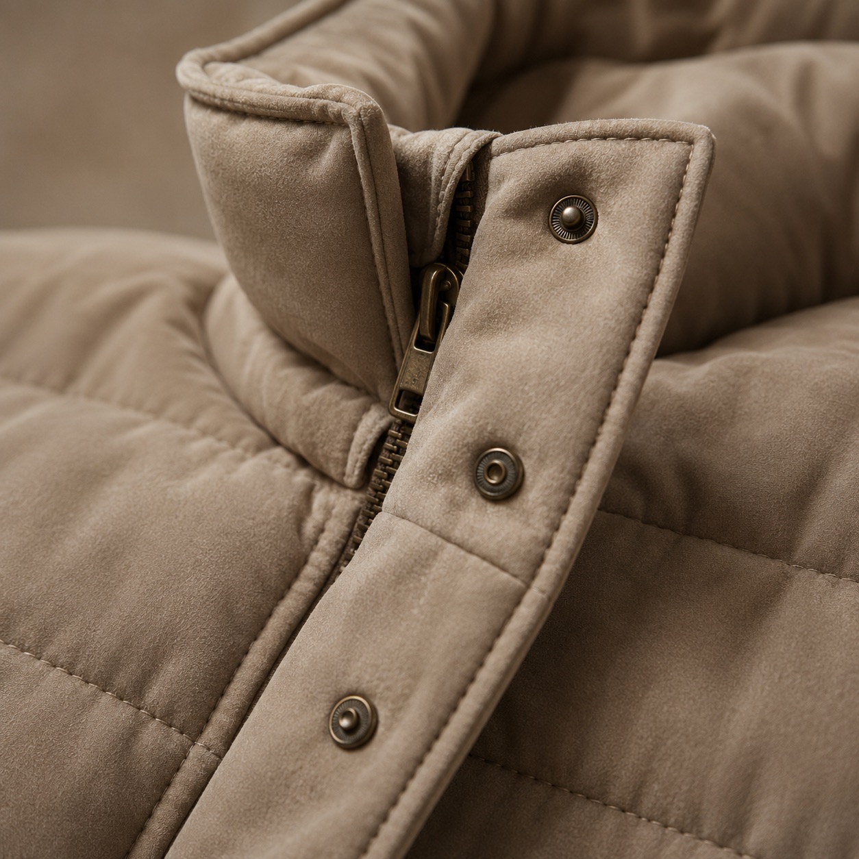 Hollowfield quilted down puffer coat — Down & Cape Outerwear by MASO. close detail of the fabric and finish.