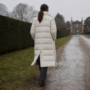 Hollowfield quilted down puffer coat — Down & Cape Outerwear by MASO. worn by a model.