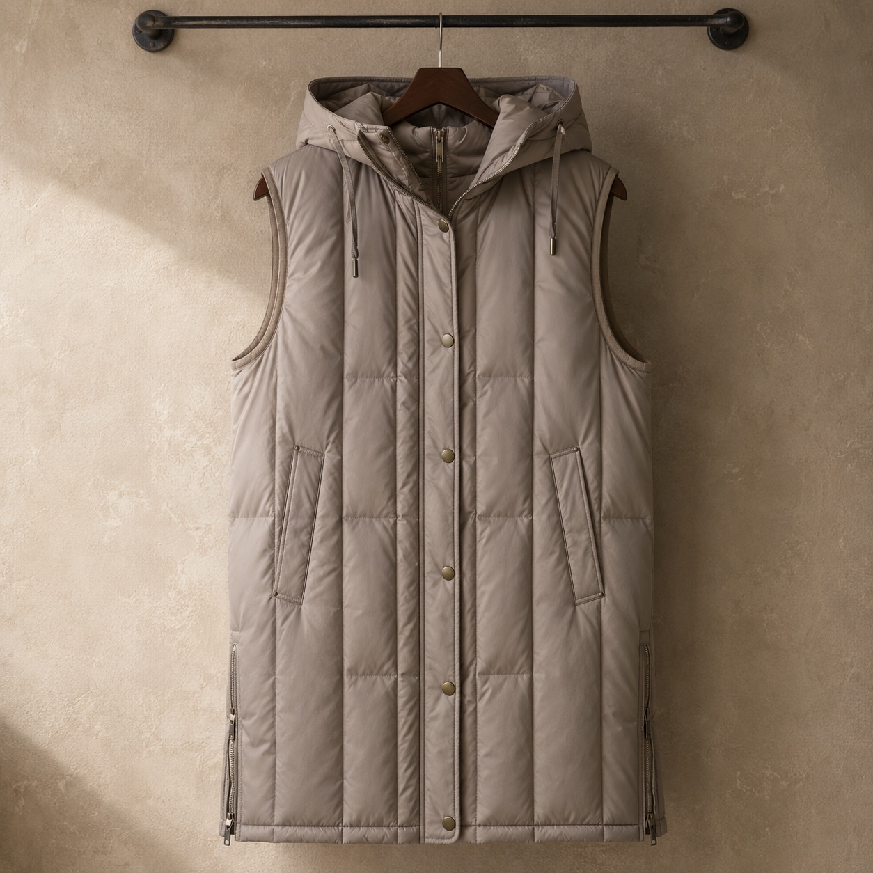 Mossgate hooded down gilet coat — Down & Cape Outerwear by MASO. product photograph on a white background.
