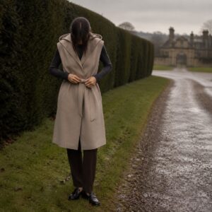 Mossgate hooded down gilet coat — Down & Cape Outerwear by MASO. worn by a model.