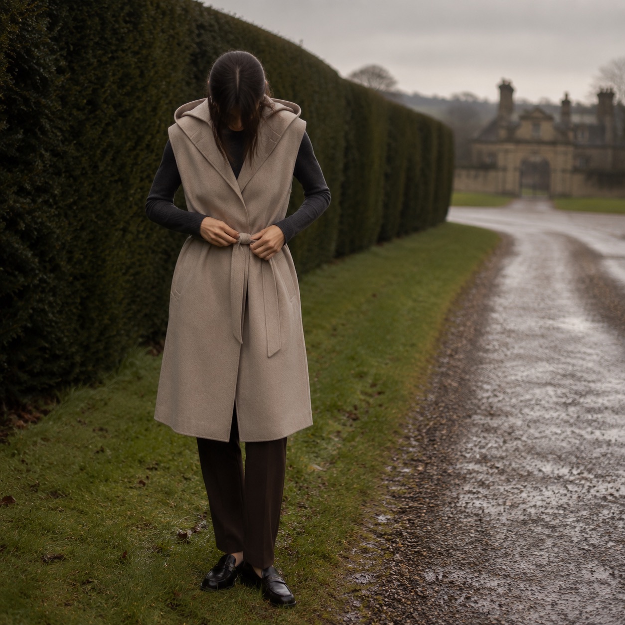 Mossgate hooded down gilet coat — Down & Cape Outerwear by MASO. worn by a model.