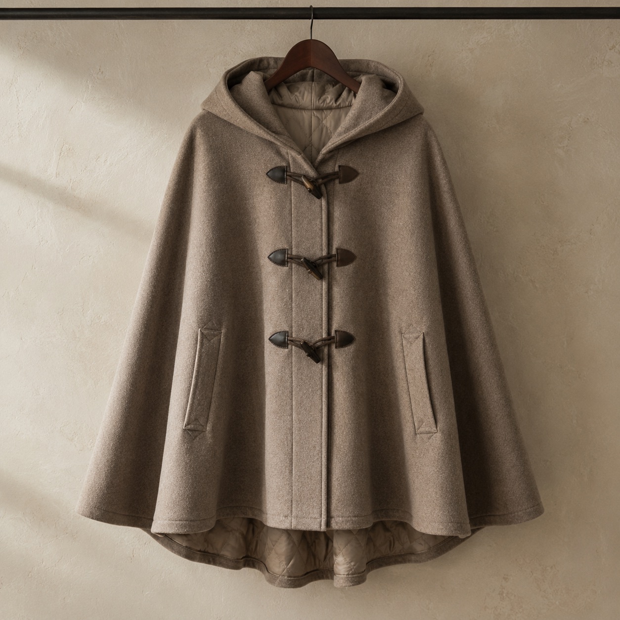 Ravenscourt hooded wool cape — Down & Cape Outerwear by MASO. product photograph on a white background.