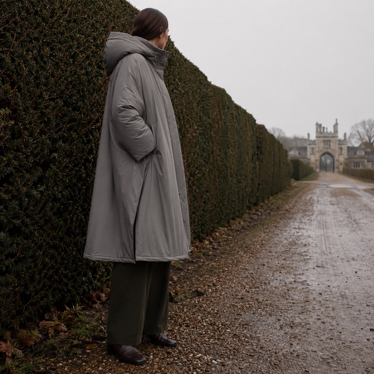 Ravenscourt hooded wool cape — Down & Cape Outerwear by MASO. worn by a model.