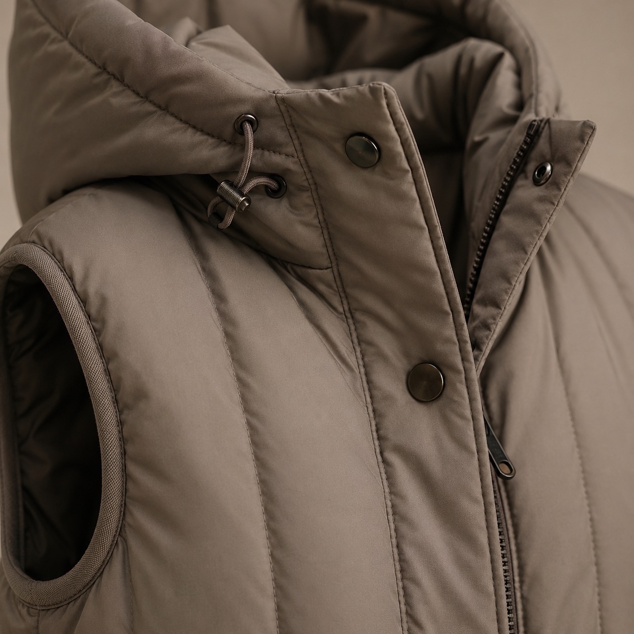 Marlowe hooded down gilet coat — Down & Cape Outerwear by MASO. close detail of the fabric and finish.
