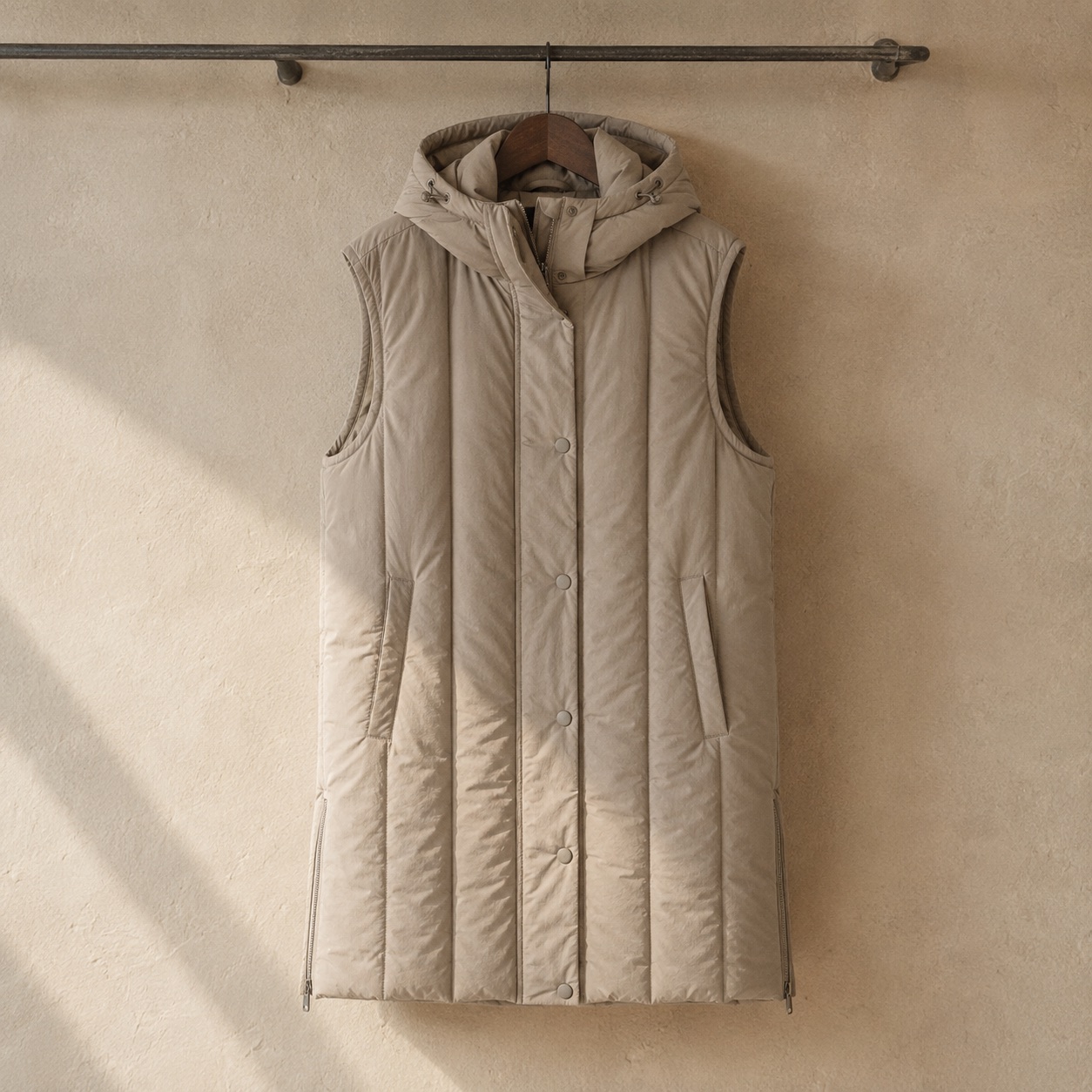 Marlowe hooded down gilet coat — Down & Cape Outerwear by MASO. product photograph on a white background.