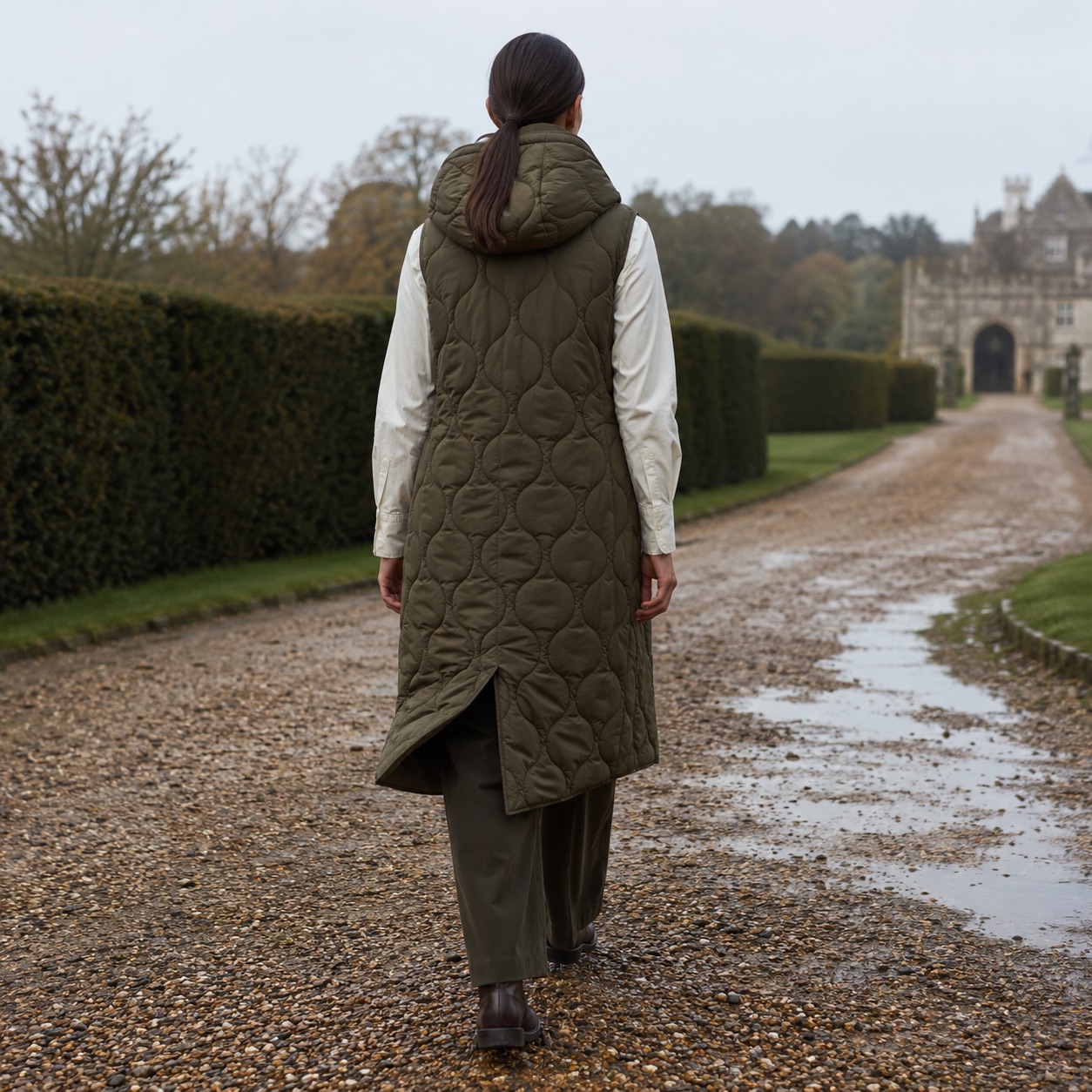 Marlowe hooded down gilet coat — Down & Cape Outerwear by MASO. worn by a model.