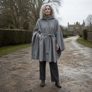 Bramwell hooded wool cape — Down & Cape Outerwear by MASO. worn by a model.