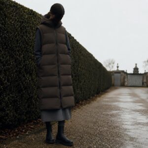 Rookery hooded down gilet coat — Down & Cape Outerwear by MASO. worn by a model.