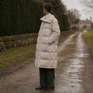 Wildersham quilted down puffer coat — Down & Cape Outerwear by MASO. worn by a model.
