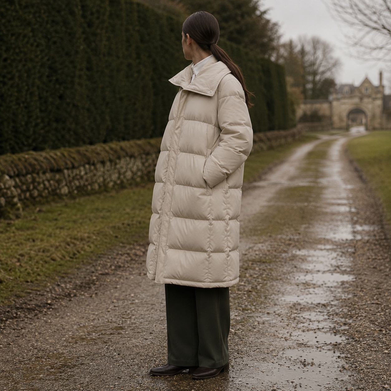 Wildersham quilted down puffer coat — Down & Cape Outerwear by MASO. worn by a model.