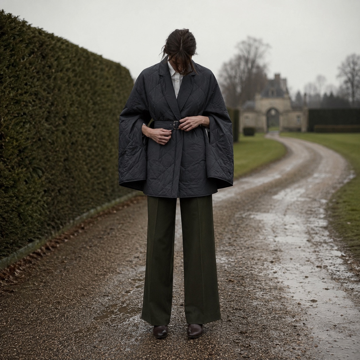 Cotswold wool cape with arm slits — Down & Cape Outerwear by MASO. worn by a model.
