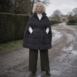 Cotswold wool cape with arm slits — Down & Cape Outerwear by MASO. worn by a model.