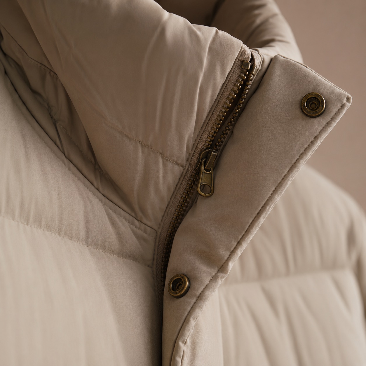 Thornleigh quilted down puffer coat — Down & Cape Outerwear by MASO. close detail of the fabric and finish.