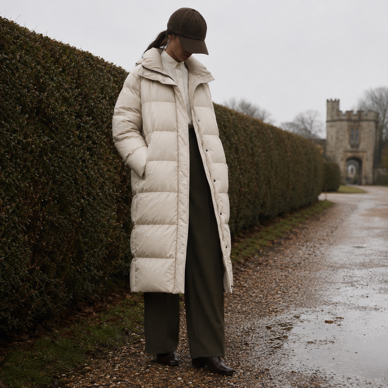 Thornleigh quilted down puffer coat — Down & Cape Outerwear by MASO. worn by a model.