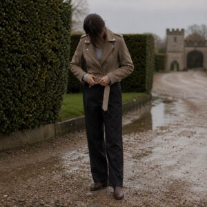 Wildersham suede biker jacket — Suede & Leather Jackets by MASO. worn by a model.