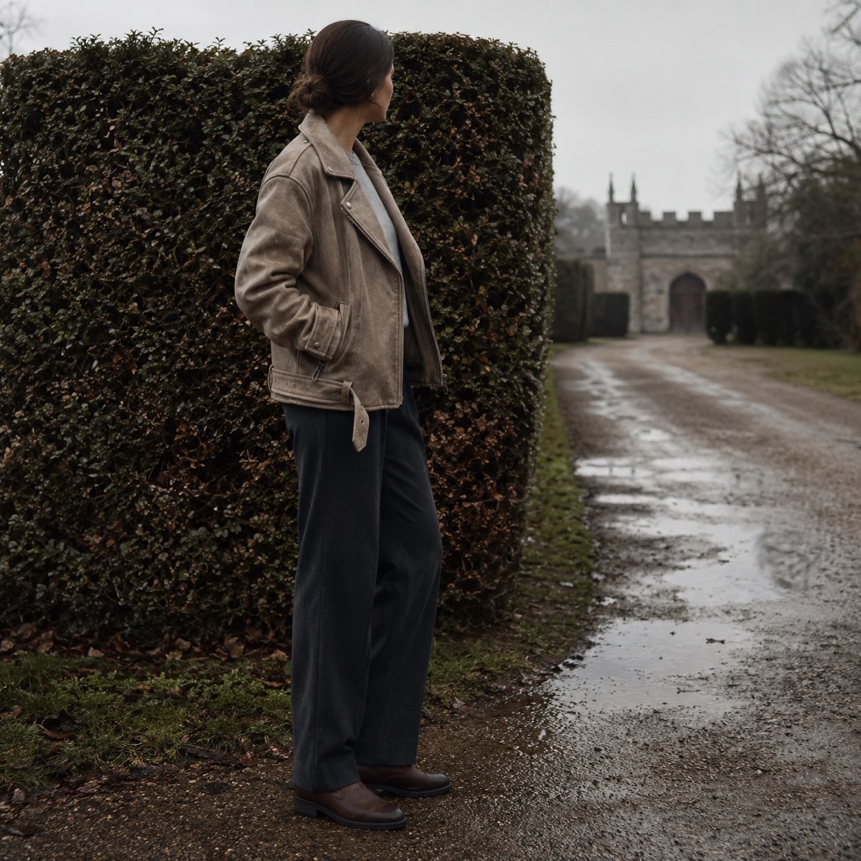 Wildersham suede biker jacket — Suede & Leather Jackets by MASO. worn by a model, side view.