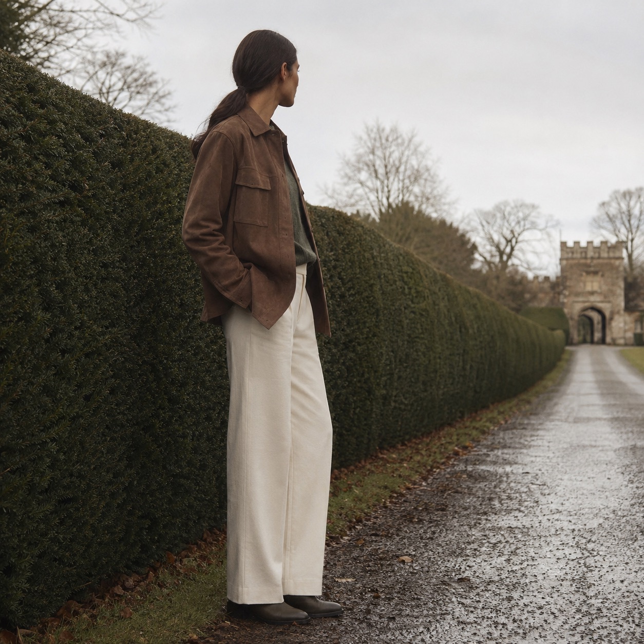 Larkspur suede shirt jacket — Suede & Leather Jackets by MASO. worn by a model, side view.