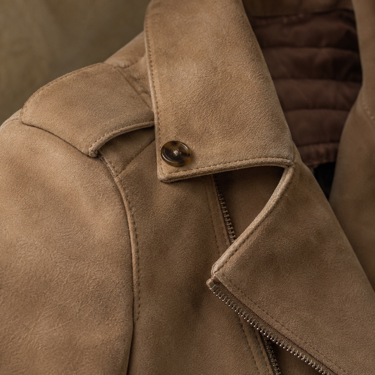 Mossgate suede biker jacket — Suede & Leather Jackets by MASO. close detail of the fabric and finish.