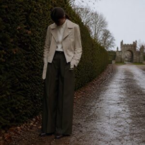 Fernhollow suede biker jacket — Suede & Leather Jackets by MASO. worn by a model.