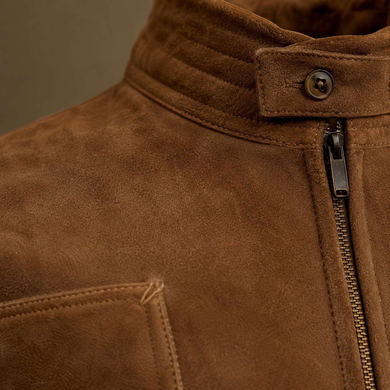 Rookery suede belted blouson — Suede & Leather Jackets by MASO. close detail of the fabric and finish.
