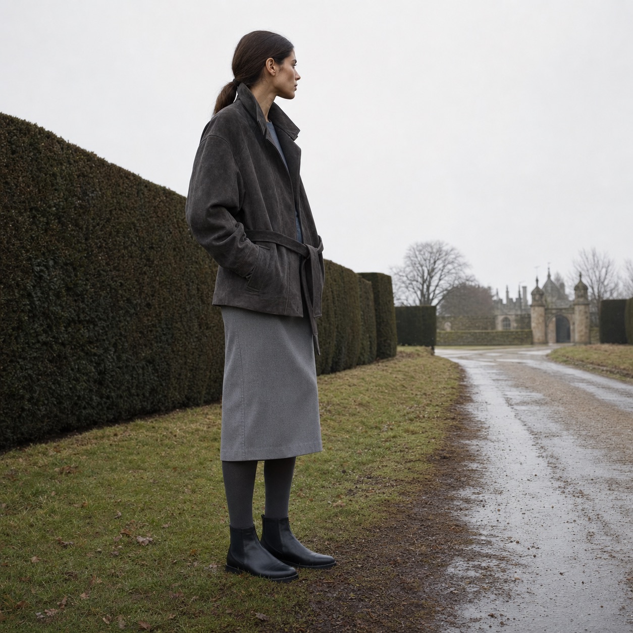 Rookery suede belted blouson — Suede & Leather Jackets by MASO. worn by a model, side view.
