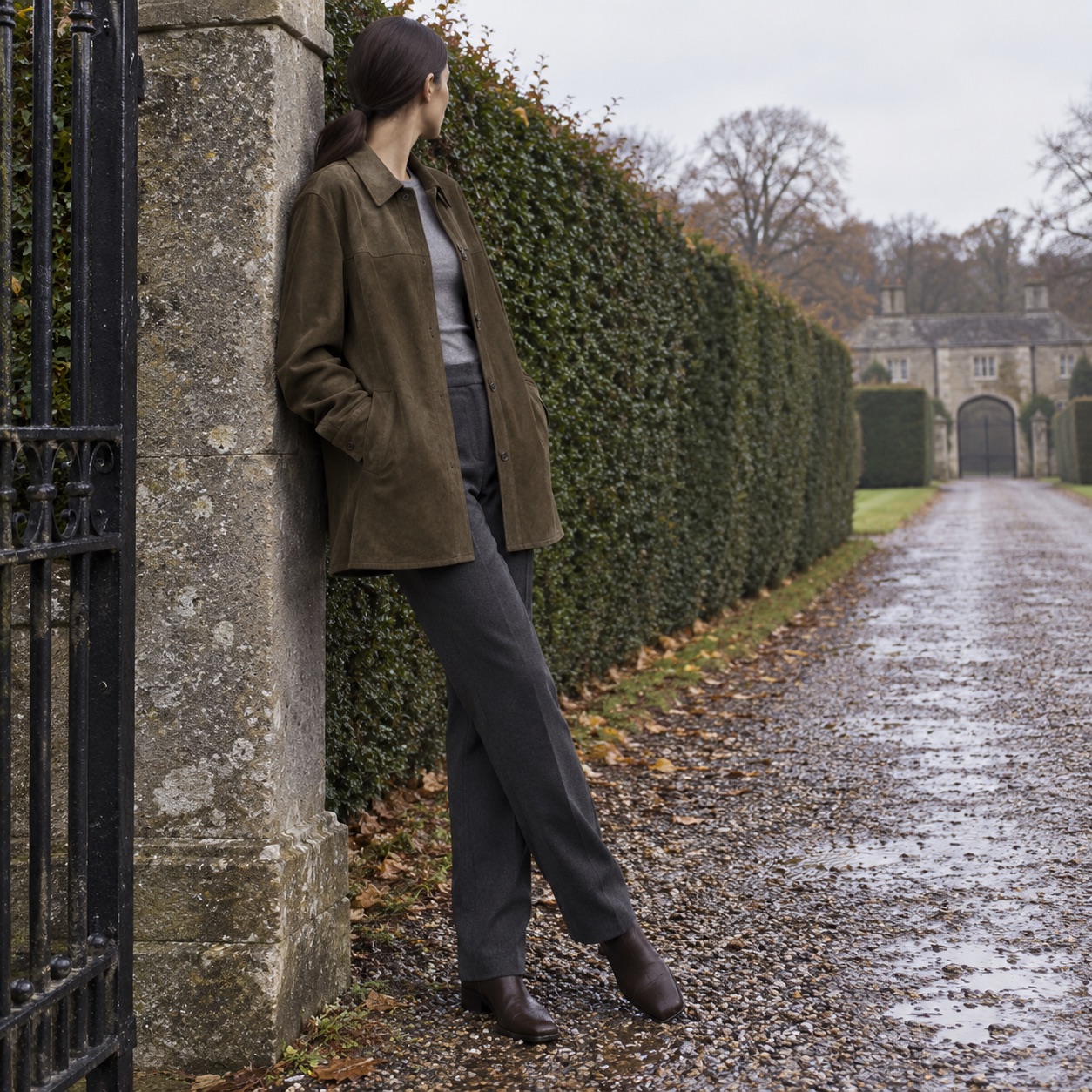 Stonebridge suede shirt jacket — Suede & Leather Jackets by MASO. worn by a model, side view.