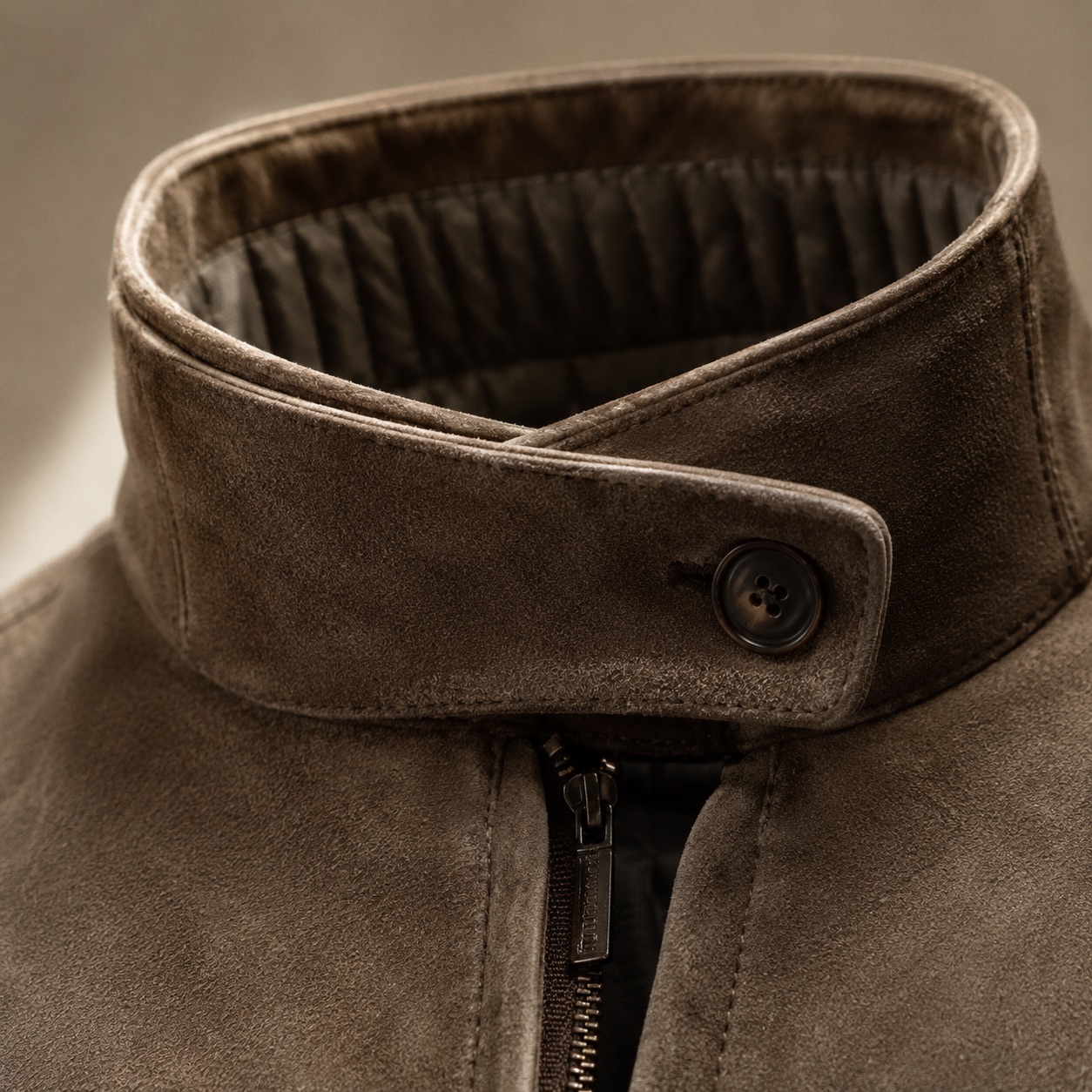 Ashcombe suede belted blouson — Suede & Leather Jackets by MASO. close detail of the fabric and finish.