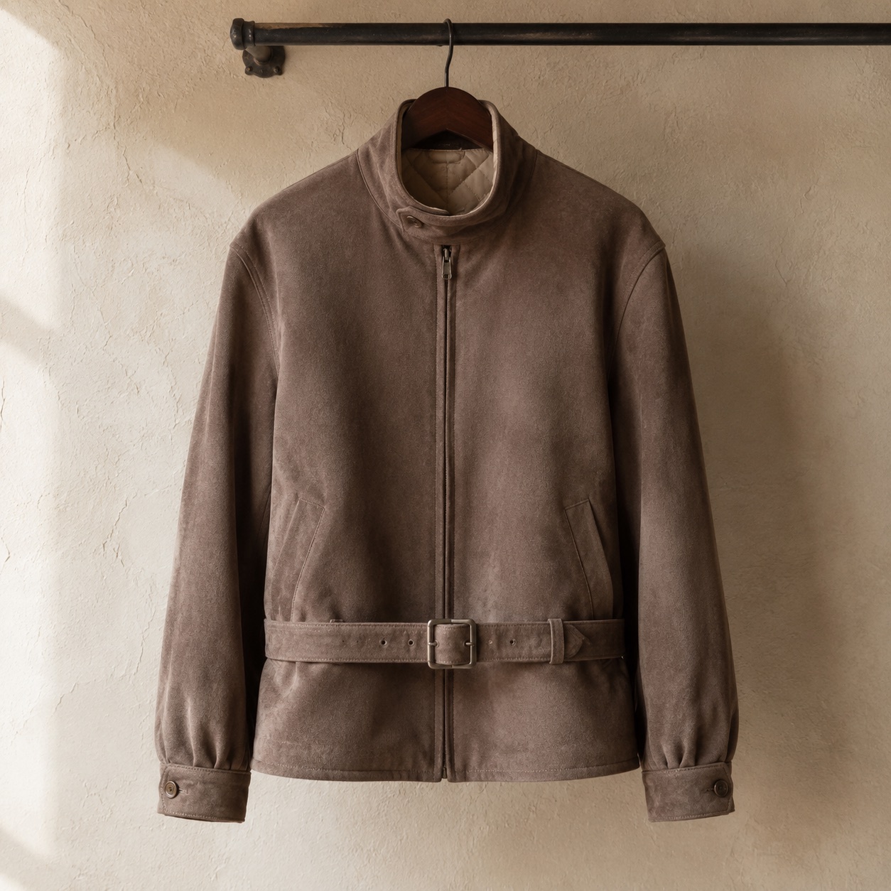 Ashcombe suede belted blouson — Suede & Leather Jackets by MASO. product photograph on a white background.