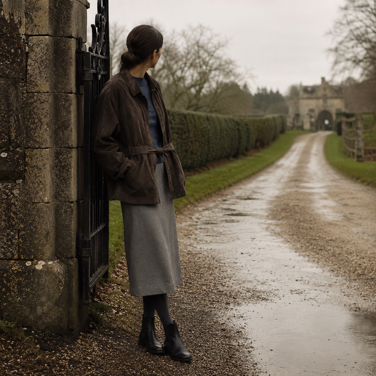 Ashcombe suede belted blouson — Suede & Leather Jackets by MASO. worn by a model, side view.