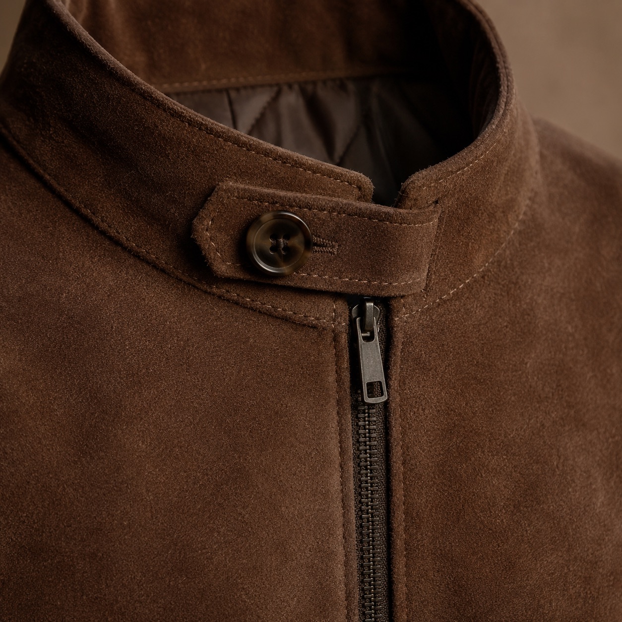 Windrush suede belted blouson — Suede & Leather Jackets by MASO. close detail of the fabric and finish.
