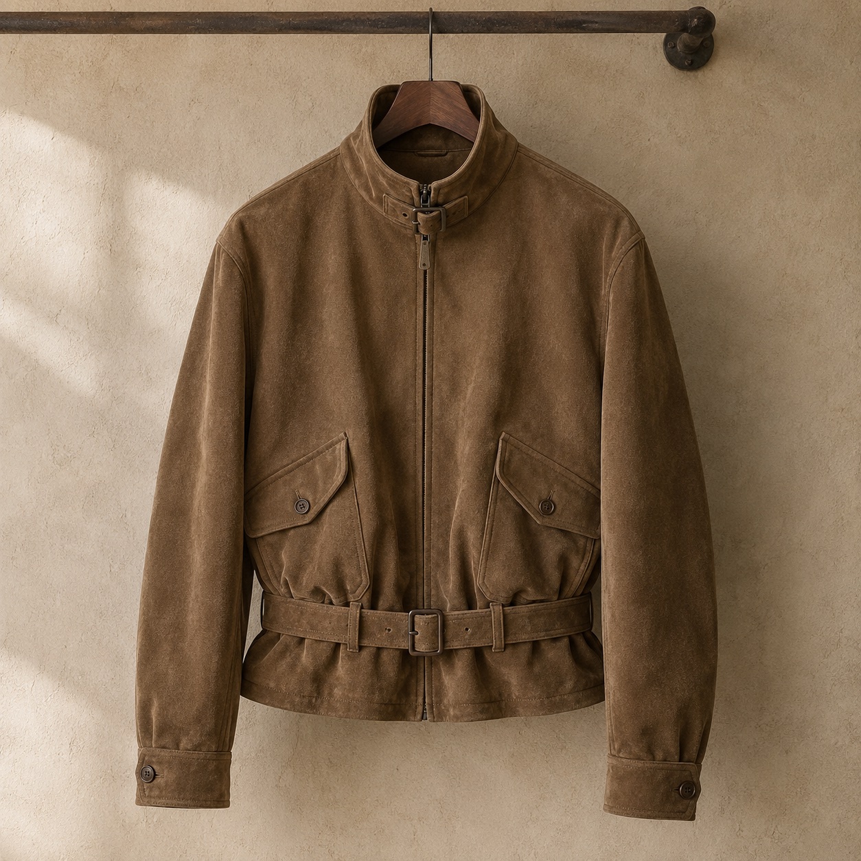 Windrush suede belted blouson — Suede & Leather Jackets by MASO. product photograph on a white background.