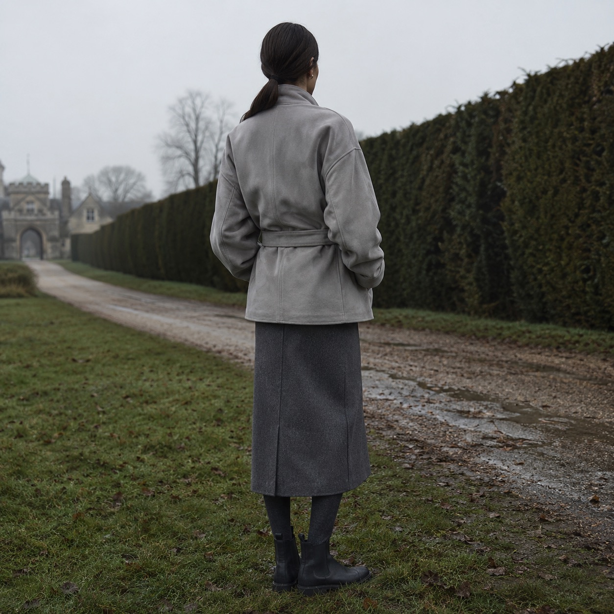 Windrush suede belted blouson — Suede & Leather Jackets by MASO. worn by a model, side view.