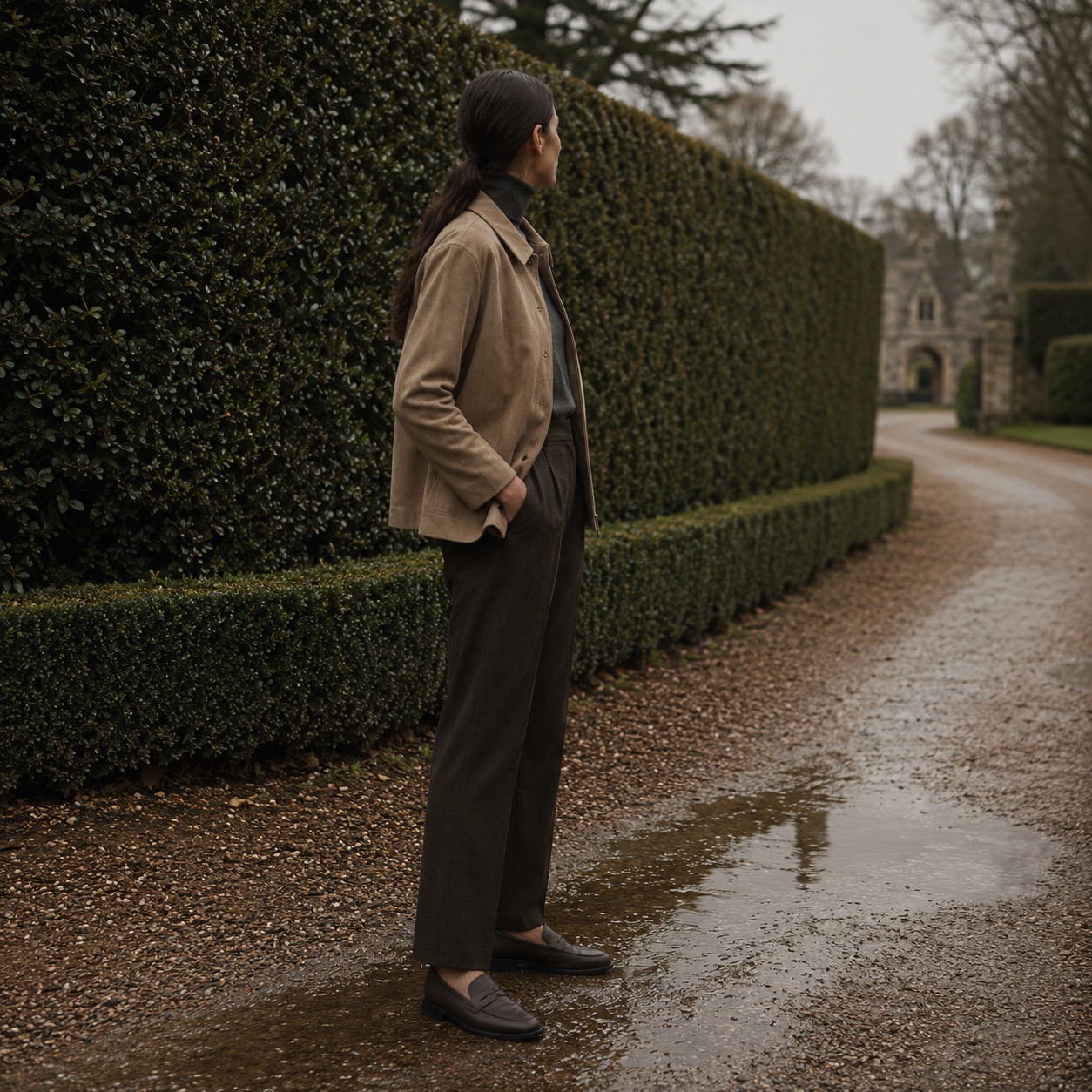 Pentlow suede shirt jacket — Suede & Leather Jackets by MASO. worn by a model, side view.