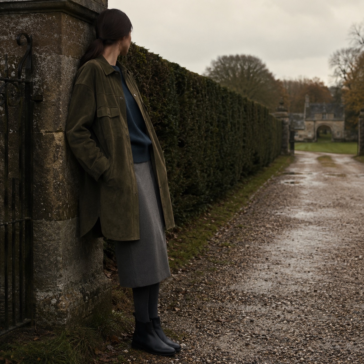 Blackthorn suede shirt jacket — Suede & Leather Jackets by MASO. worn by a model, side view.