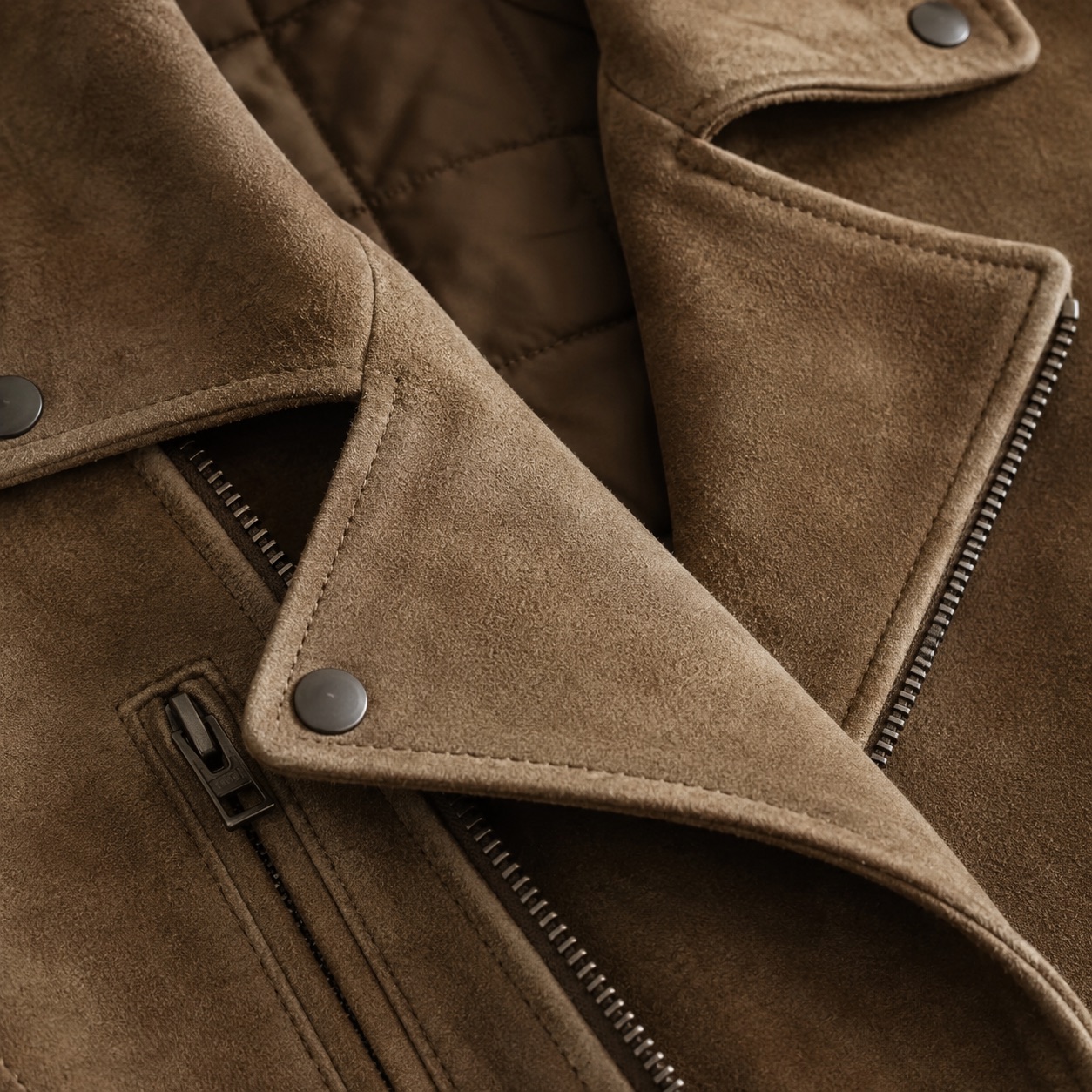 Marlowe suede biker jacket — Suede & Leather Jackets by MASO. close detail of the fabric and finish.