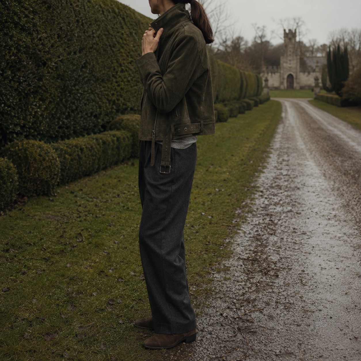 Marlowe suede biker jacket — Suede & Leather Jackets by MASO. worn by a model, side view.