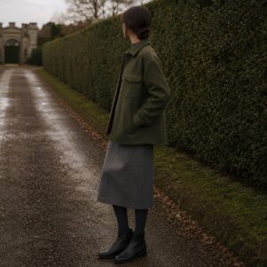 Fernhollow boxy wool overshirt jacket — Short Wool Jackets by MASO. worn by a model.