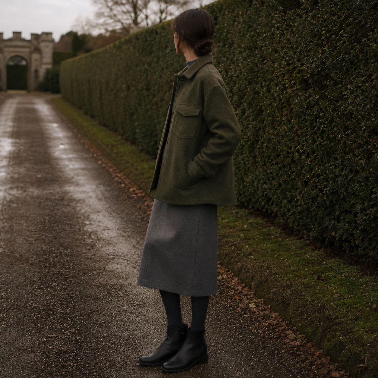 Fernhollow boxy wool overshirt jacket — Short Wool Jackets by MASO. worn by a model.